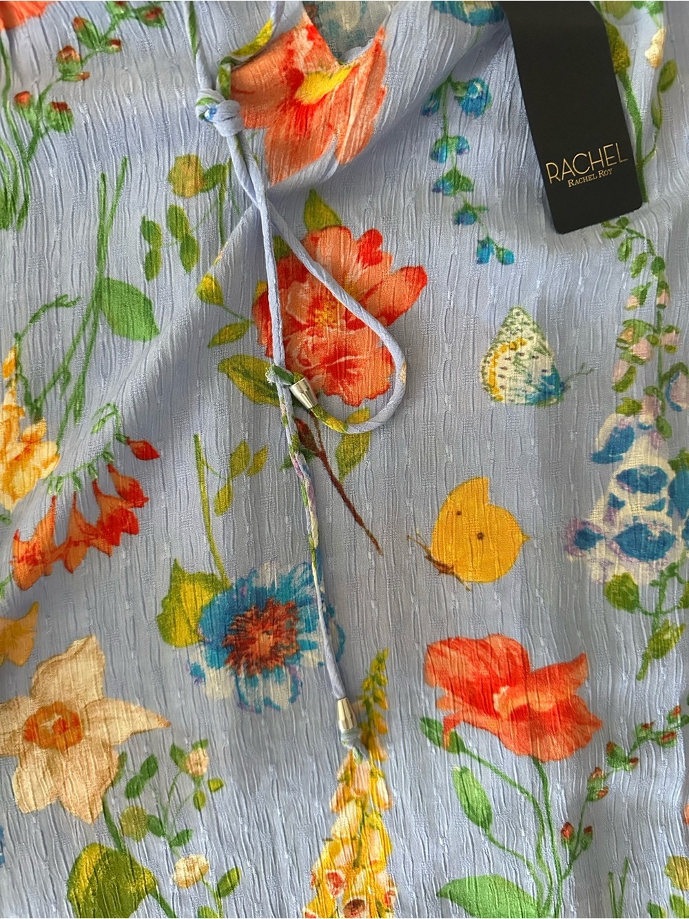 NWT RACHEL Rachel Roy Blue Floral Peasant Blouse with Orange Accents - Picture 3 of 3